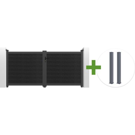 Portail bois composite battant 3m ATHOS H.140cm gris anthracite avec cadre aluminium + 2 poteaux EIFEL aluminium 10x10cm (1/5)