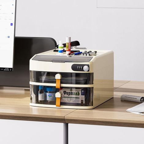H.J WeDoo Bloc de tiroirs A4 avec serrure à combinaison, Organiseur de bureau à 2 tiroirs + compartiment de rangement supérieur Organiseur de bureau pour médicaments — 36 × 27 × 23 cm (1/5)