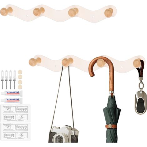 Set di 2 appendiabiti da parete a forma di onda – Acciaio al carbonio bianco + sfere di legno – 33,5×4,5 cm – 4 ganci ciascuno – per corridoio, bagno, cucina – Accessorio per organizzare i tuoi abiti (1/5)