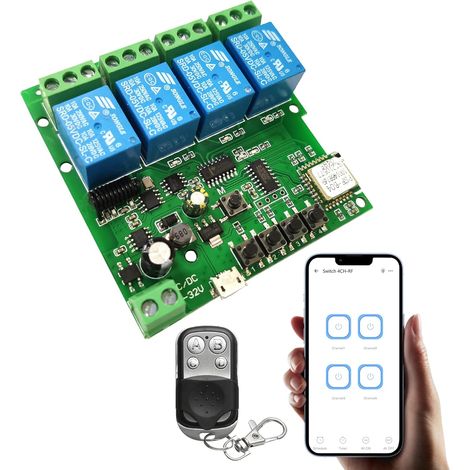 Módulo de interruptor de autobloqueo de relé momentáneo WiFi de 4 canales con control remoto RF de 433 MHz, módulo de interruptor de puerta de garaje DIY Control de eWeLink APP (1/5)