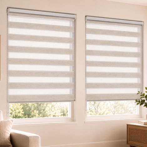 VOUNOT Set of 2 Day and Night Zebra Roller Blinds No Drill,90x150cm Linen