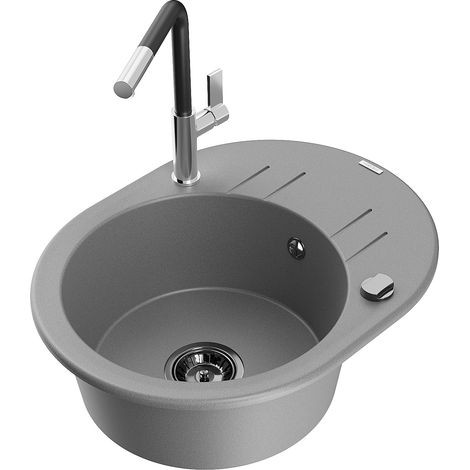 Mexen Kevin 1 Becken-Granitspüle mit Abtropffläche und Mischbatterie Flora, Grau - 6517-71-670401-07
