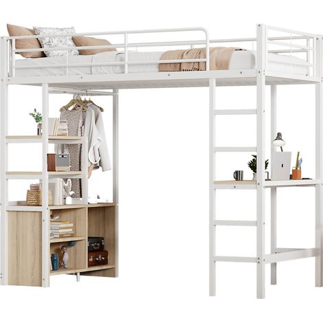 Lit mezzanine 90 x 200 cm avec bureau, prises USB et étagères ouvertes, rangement intégré, garde-corps et échelle, structure métal MDF blanc - CHICFURN (1/5)