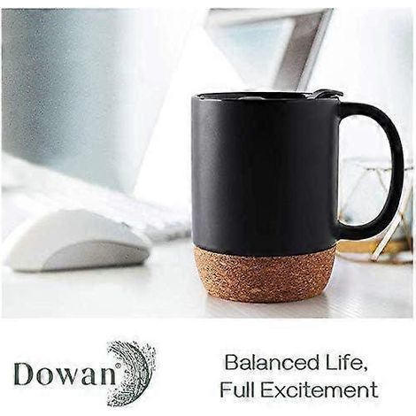 Lot de 2 grandes tasses en céramique de 44 cl (15 oz), avec fond en liège isolant et couvercle anti-éclaboussures. Convient aux hommes et aux femmes. Idéal pour le café et le thé. Couleur : noir. (1/4)