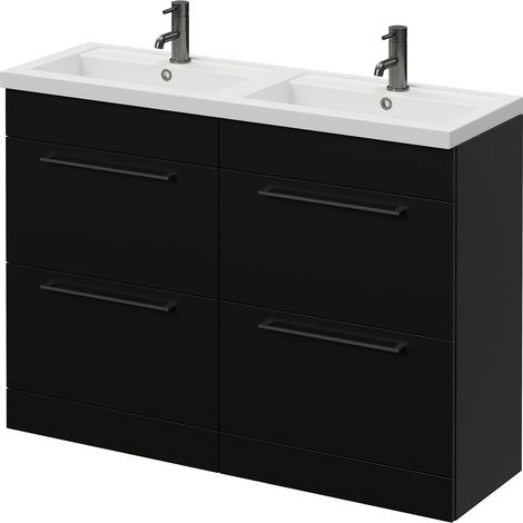 Napoli 390 Matt Black 1200mm 4 Drawer Vanity Unit with Double Lucia Basins - 1200mm - Gunmetal Grey 320mm Handle