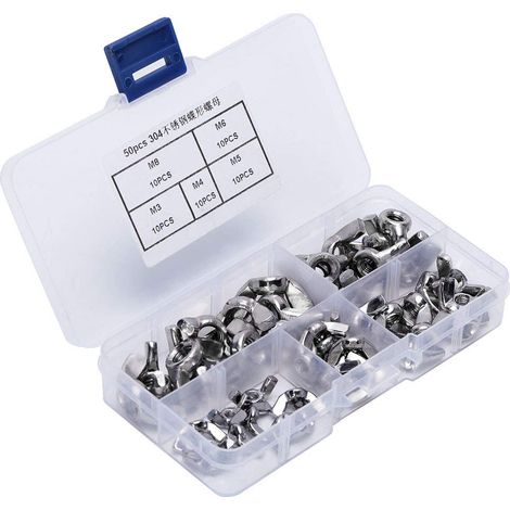 Écrou à Serrer à la Main, 50 écrous Papillon en Acier Inoxydable écrou à Oreilles à Serrer à la Main M3 M4 M5 M6 M8 Kit D'assortiment de Fixations, écrous à Rivets (1/5)