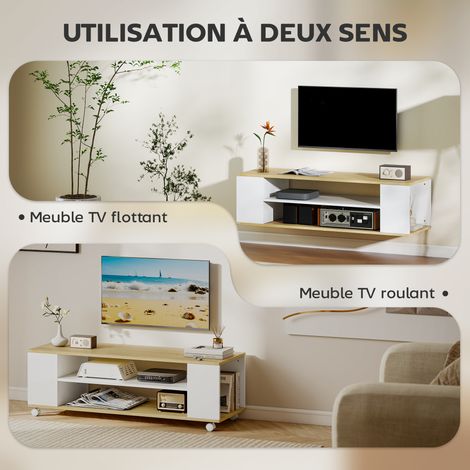 Meuble TV avec roulettes 120 cm, meuble télé pour téléviseur jusqu'à 55 pouces, 2 étagères ouvertes, blanc et naturel (1/5)