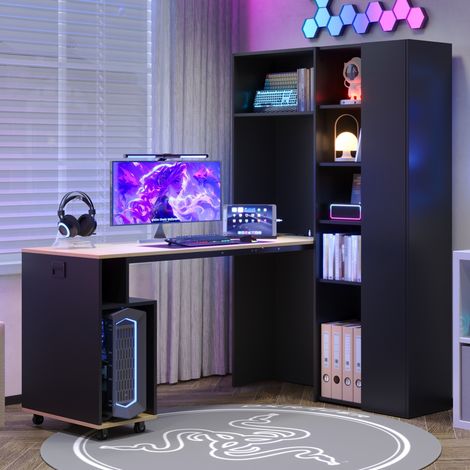 Escritorio plegable 2 en 1 con estantería, enchufe EU y puertos USB, MDF, negro OKMYHOME (1/5)