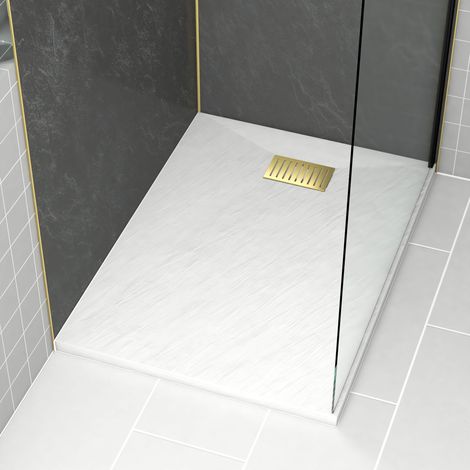 Plato Ducha Blanco Efecto Piedra 80x120cm y Rejilla patrón Lineal Oro