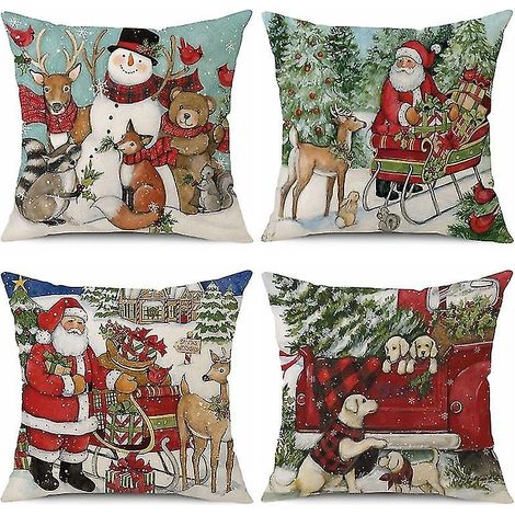 Ensemble de 4 housses de coussin de Noël 45x45 cm pour décoration de Noël - Motifs de Noël (1/5)