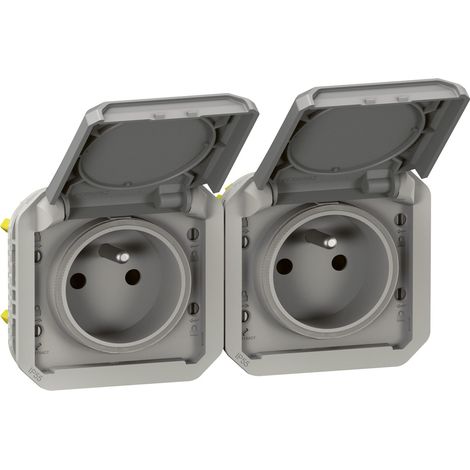 Double prise étanche Plexo 2P+T 16A IP55 horizontale précâblée gris - LEG069562L