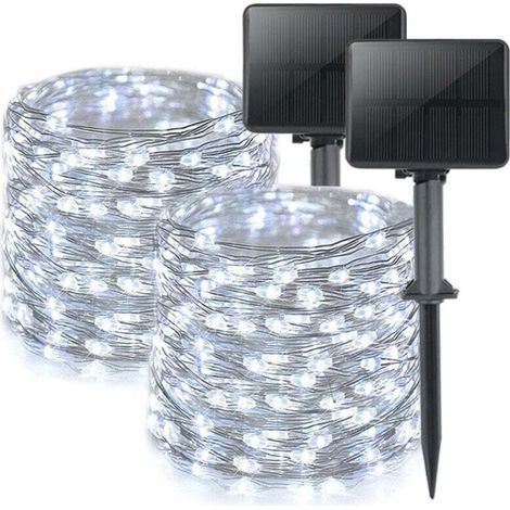 YMYNY Lot de 2 Guirlande Solaire Exterieur, Totale 16m 160LED Lumineuse Étanche, 8 Modes Décoration pour Jardin Terrasse Cour Noël Mariage Fête, Blanc brillant