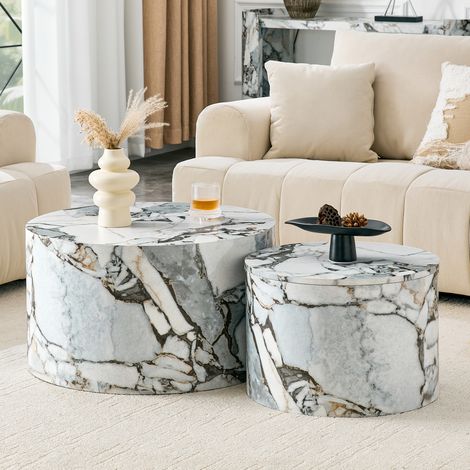 Table basse gigogne ronde avec rangement MDF blanc HAVRYA (1/5)