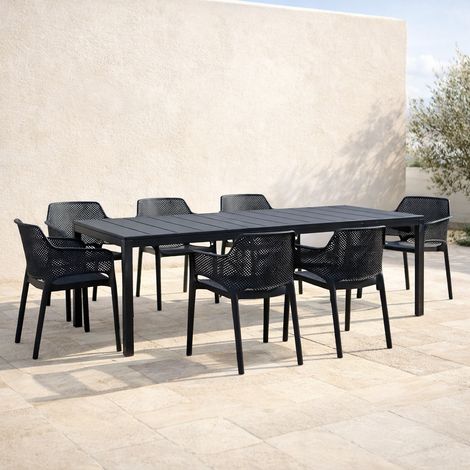 Set tavolo Rio Allungabile 210-280 cm con 6 sedie Net per esterno e giardino -Antracite / Corallo (1/5)