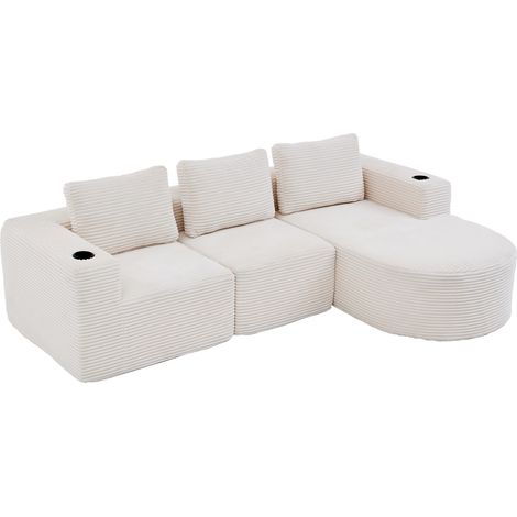 Sofá de 2 plazas beige de 258 cm con 3 cojines y 2 portavasos, tapizado de poliéster (1/5)