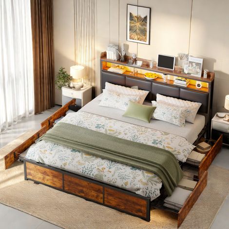Cama 160x200 cm, cama doble, cama para adultos, con 4 cajones de hierro, iluminación LED, mesita de noche con contenedor, PU, somier de láminas - Negro
