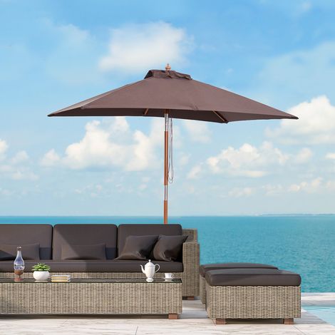 Parasol rectangulaire inclinable 2x1,5m 6 lattes ouverture corde polyester bambou, café