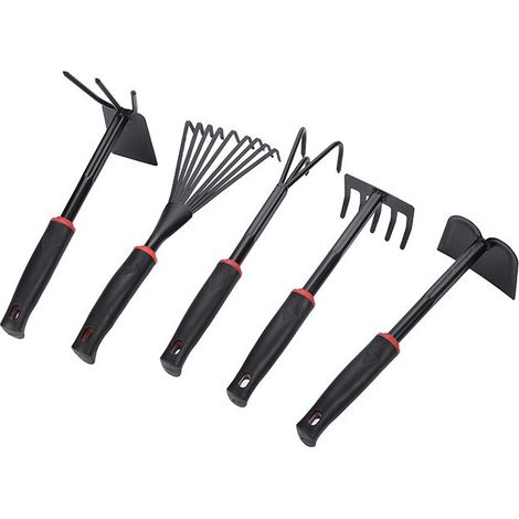Ensemble d'outils de jardinage : 1 houe plate + 1 râteau à 5 dents + 1 cultivateur à 3 dents + 1 râteau à 9 dents + 1 houe multifonction