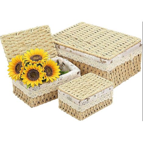 corbeilles à pain tressées avec doublure et couvercle, en rotin pour cuisine, salle de bain, chambre coucher, balcon (jaune clair) (1/5)