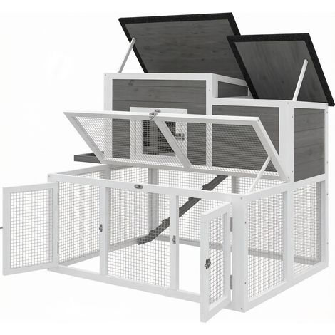 Gabbia per conigli in legno grigio a 2 livelli con tetto impermeabile e rampa (1/4)