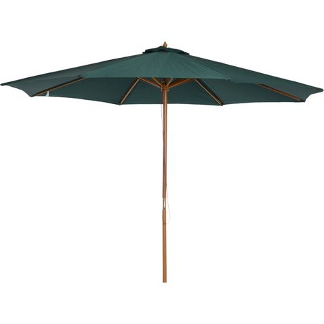 3(m) Wooden Patio Umbrella, Pulley Operated Garden Parasol with Rope Pulley Mechanism and 8 Ribs, Dark Green (1/5)