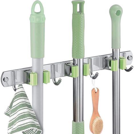 Porte Balai Mural, en Acier inoxydable, Support de Balai avec 3 Clips et 4 Crochets,Support de Rangement Mural Organisateur pour Cuisine Jardin Balcon Garage(Vis et Ruban Adhésif inclus)-vert (1/5)