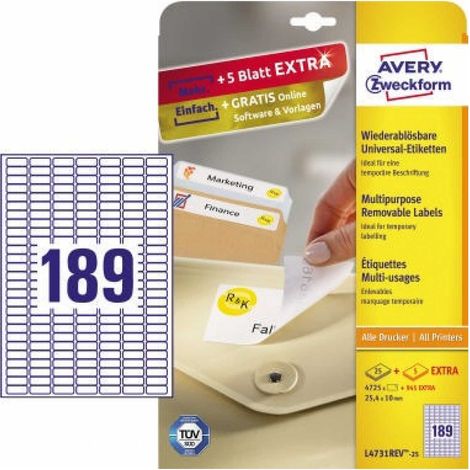 AVERY ZWECKFORM Universaletikett Avery Zweckform 25,4 x 10 mm (B x H) wieder ablösbar Papier weiß 5.670Etik./Pack. (1/5)