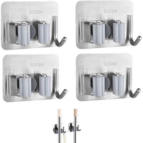 4-teiliges Set – Wandmontierter Besenhalter – Werkzeughalter aus Edelstahl – mit Haken – zur Aufbewahrung von Besen und Wischmopps – geeignet für Haus, Garage, Garten und Waschküche – 8 x 5,5 cm – Sil