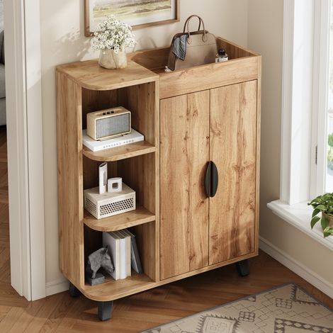 Meuble à chaussures étroit 80 x 32 x 99 cm avec rangements ouverts, naturel HAVRYA (1/5)