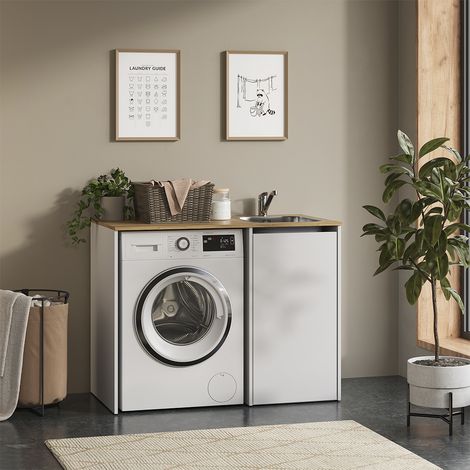 Armadietto da bagno Viktor, Bianco/Rovere artigianale, 113.6 x 88.2 cm con lavello e rubinetto, Vicco (1/5)