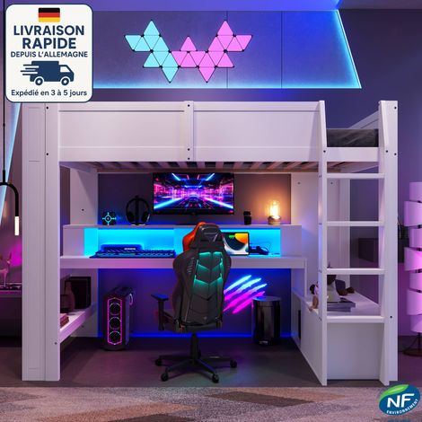 Letto a soppalco 90 x 200 cm - Letto a soppalco per adulti/bambini - Scrivania con illuminazione a LED, cassetti, ripiani, materasso non incluso - Legno certificato PEFC - Bianco (1/5)