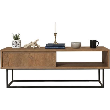 Dmora - Mesa de café Algenib, Mesa de centro baja, Revistero para sofá, Estante de la sala de estar, 120x60h43 cm, Nogal y Negro, con embalaje reforzado
