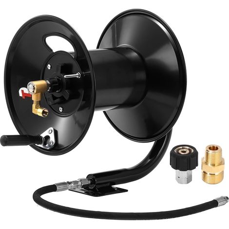 Enrouleur de Tuyau Haute Pression 45mx3/8" / 90mx1/4", 280 bar Enrouleur Acier Renforcé pour Nettoyeur Haute Pression pour Eau, Manivelle Manuelle avec Fixation Murale/Sol/Fourgon (1/5)