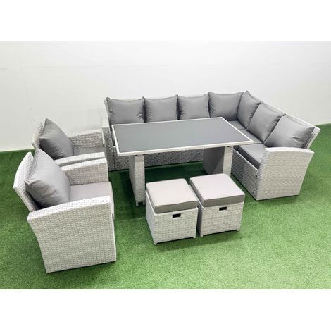 Fimous Outdoor Garden Furniture Sets 10 Seater Wicker Rattan Corner Sofa Sets with Rectangular Dining Table Lounge Sofa 2 Small Footstools Light Grey (1/4)