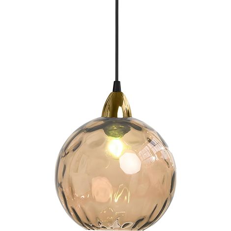 20cm/7.9'' Lampe à Suspension Sphérique Industrielle en Verre, Lampe de Plafond Suspendue E27, Finition Dorée et Abat-Jour en Verre Ondulé, Plafonnier Pour Salle à Manger (Ambre, 20cm) [Classe énergét (1/5)