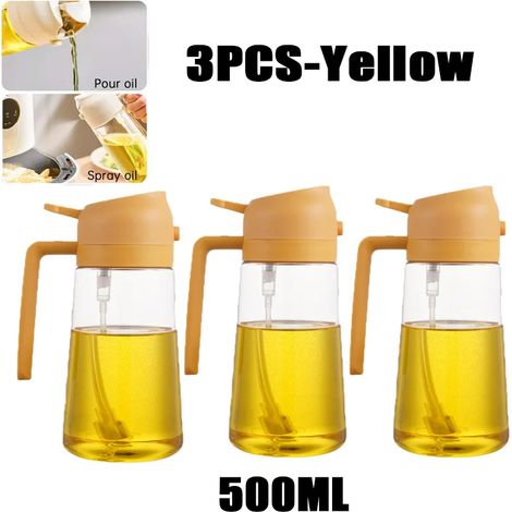 (Lot de 3 jaunes) Vaporisateur d'huile 2 en 1 de 500 ml en plastique, distributeur d'huile, burette à huile, outil de cuisine pour barbecue, pâtisserie, rôtissage et pique-nique (1/5)