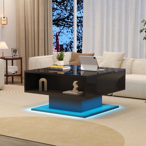 Table basse relevable 80x75x40 cm noire en panneau de particules avec LED, rangement caché et finition brillante (1/5)