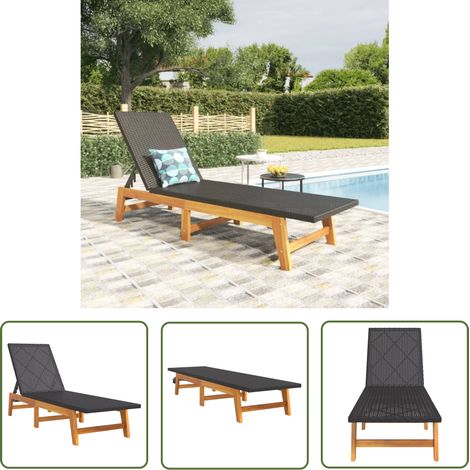 The Living Store Sonnenliege Schwarz und Braun Poly Rattan & Massivholz Akazie - Sonnenliege - Gartenmöbel - Liege - Holz Möbel - Rattan Möbel (1/5)