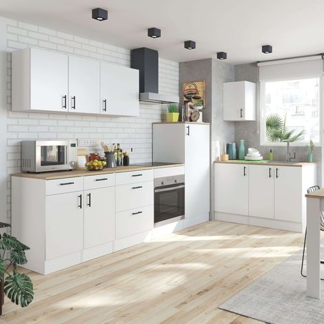 Pack de Muebles de Cocina Kira Completo 10 Módulos Estilo Nórdico en Blanco Brillo y Roble Canadian (1/5)