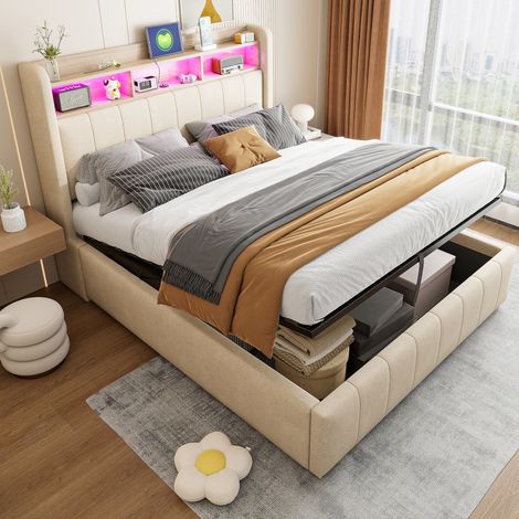 Letto imbottito moderno 140x200 cm beige, con testiera LED, ripiani e porte USB/Type-C, contenitore idraulico (1/5)