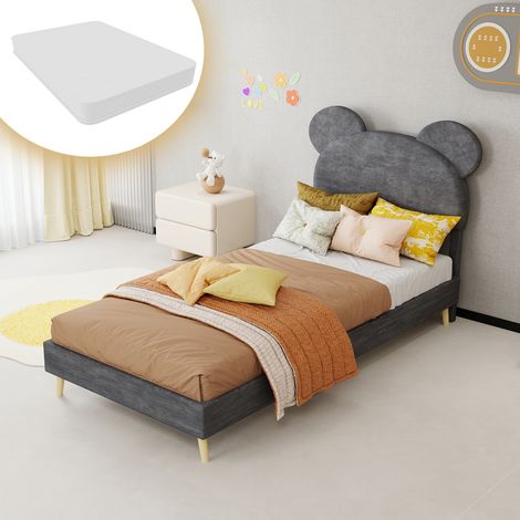 Letto imbottito in tessuto grigio 90x200 cm con contenitore a sollevamento pneumatico