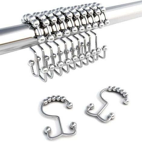 Rideau de Douche, Crochet de Douche Coulissant à Double Rouleau en MéTal Antirouille, pour Rideau de Douche, Lot de 12Blanc Argenté (1/4)
