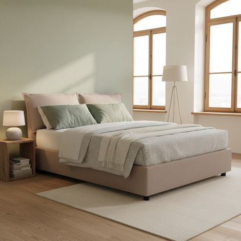 Talamo Italia Cama matrimonial Silvia, Cama contenedor con revestimiento de tela, 100% Made in Italy, Apertura frontal, con colchón 140x190 cm incluido, Tórtola, con embalaje reforzado (1/5)
