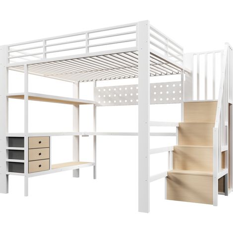 Cama alta 140 x 200 cm de metal y MDF blanca con escritorio, almacenaje, LED y enchufe (1/5)