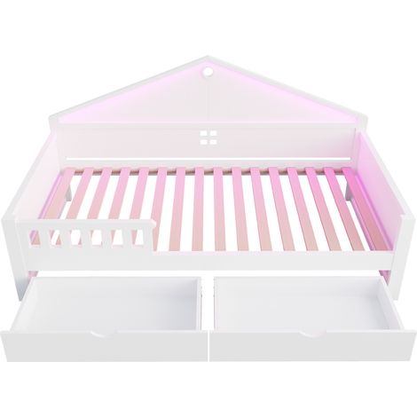 Cama infantil 90 x 200 cm con LED, 2 cajones, somier de láminas, blanca (1/5)