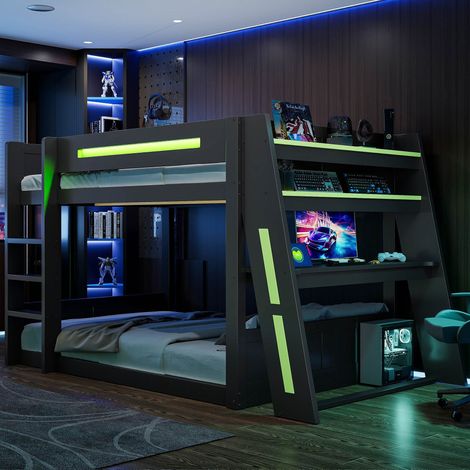 Lit superposé gaming en bois 140x200 cm avec éclairage LED bureau étagères et port USB Noir et Vert