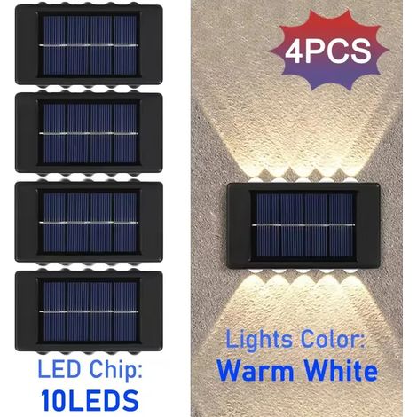 (10 LED - 4 pièces - Blanc chaud) Appliques solaires murales extérieures étanches, éclairage LED de sécurité vers le haut et vers le bas, compatibles avec la décoration de jardin, cour et clôture. (1/5)