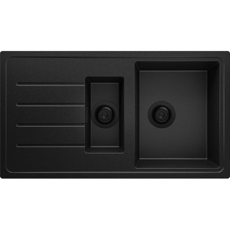 PRIMAGRAN Evier Cuisine en Granit 90x50cm, Lavabo 1,5 bacs + Kit de Vidage, Évier à Encastrer au meuble 60cm - Copenhague Duo, Tout Noir (1/5)