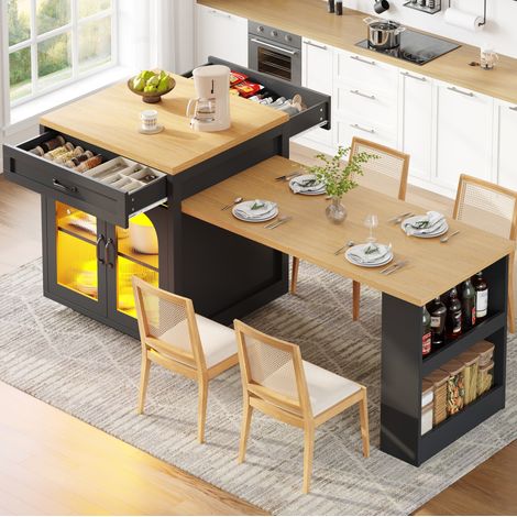 MODFU – Isola cucina allungabile 126-196x59x94 cm in MDF con LED RGB tramite app, ante in vetro striato, 2 cassetti e carico 60 kg – Nero (1/5)