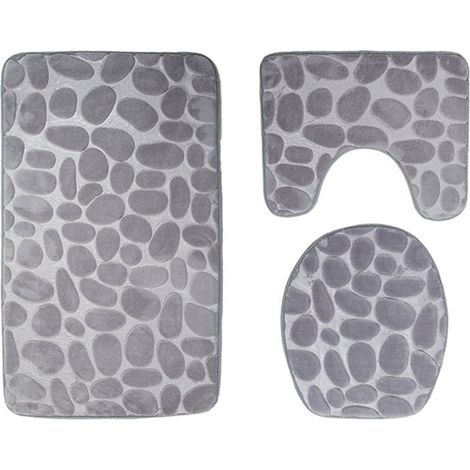 Tapis De Bain - Impression Pavés 3d - Polyester Absorbant Antidérapant - Ensemble 3 Pièces Gris (1/5)